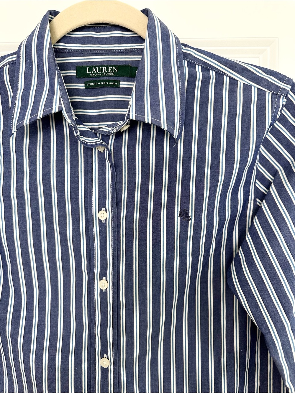 Lauren Ralph Lauren Navy, Blue & White Stripe Non-Iron Button Down Dress Shirt